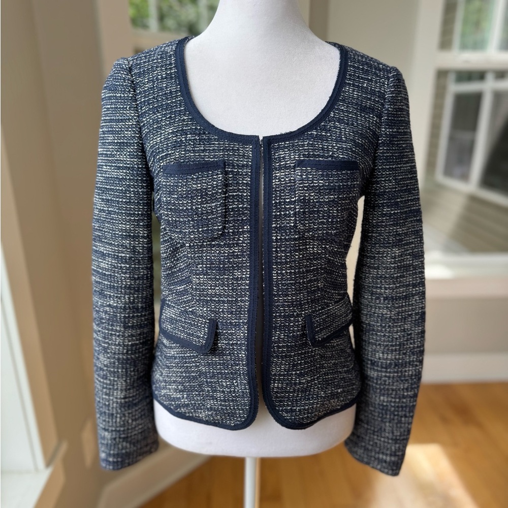 Banana Republic Navy Blue White Tweed Cropped Lady Jacket Size 0